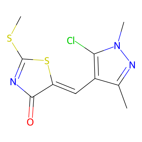 5-[(5-chloro-1,3-dimethylpyrazol-4-yl)methylidene]-2-methylsulfanyl-1,3-thiazol-4-one structure