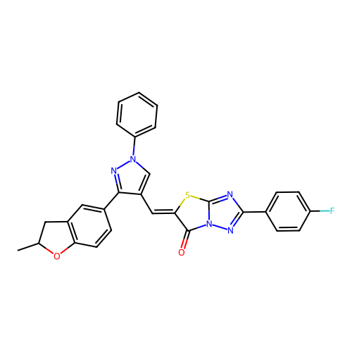 (5Z)-2-(4-fluorophenyl)-5-{[3-(2-methyl-2,3-dihydro-1-benzofuran-5-yl)-1-phenyl-1H-pyrazol-4-yl]methylidene}[1,3]thiazolo[3,2-b][1,2,4]triazol-6(5H)-one structure