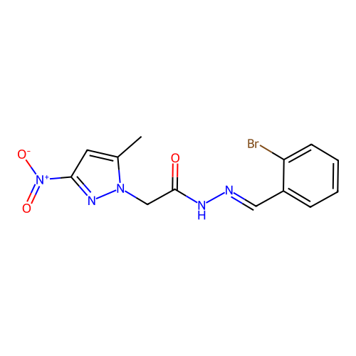 N-[(E)-(2-bromophenyl)methylideneamino]-2-(5-methyl-3-nitropyrazol-1-yl)acetamide structure
