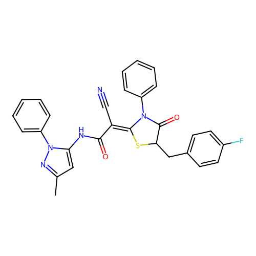 (Z)-2-cyano-2-(5-(4-fluorobenzyl)-4-oxo-3-phenylthiazolidin-2-ylidene)-N-(3-methyl-1-phenyl-1H-pyrazol-5-yl)acetamide structure