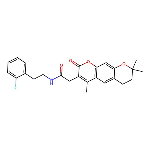 N-(2-fluorophenethyl)-2-(4,8,8-trimethyl-2-oxo-2,6,7,8-tetrahydropyrano[3,2-g]chromen-3-yl)acetamide structure