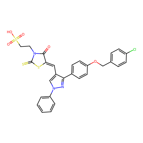 2-(5-((3-(4-((4-Chlorobenzyl)oxy)phenyl)-1-phenyl-1H-pyrazol-4-yl)methylene)-4-oxo-2-thioxothiazolidin-3-yl)ethane-1-sulfonic acid structure