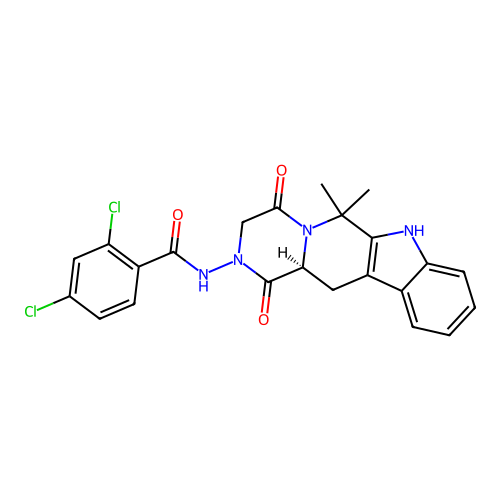 (S)-2,4-dichloro-N-(6,6-dimethyl-1,4-dioxo-3,4,12,12a-tetrahydropyrazino[1',2':1,6]pyrido[3,4-b]indol-2(1H,6H,7H)-yl)benzamide structure
