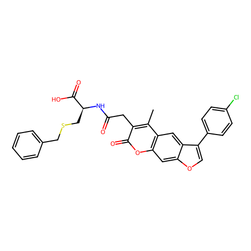 (R)-3-(benzylthio)-2-(2-(3-(4-chlorophenyl)-5-methyl-7-oxo-7H-furo[3,2-g]chromen-6-yl)acetamido)propanoic acid structure
