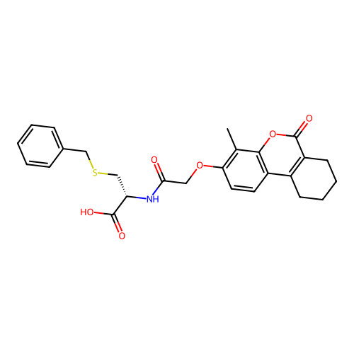 (R)-3-(benzylthio)-2-(2-((4-methyl-6-oxo-7,8,9,10-tetrahydro-6H-benzo[c]chromen-3-yl)oxy)acetamido)propanoic acid structure