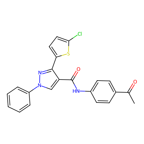 N-(4-acetylphenyl)-3-(5-chlorothiophen-2-yl)-1-phenylpyrazole-4-carboxamide structure