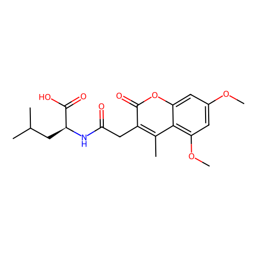 (S)-2-(2-(5,7-dimethoxy-4-methyl-2-oxo-2H-chromen-3-yl)acetamido)-4-methylpentanoic acid structure