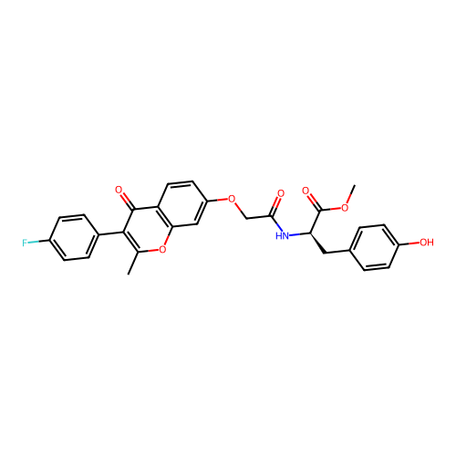methyl N-({[3-(4-fluorophenyl)-2-methyl-4-oxo-4H-chromen-7-yl]oxy}acetyl)-D-tyrosinate structure