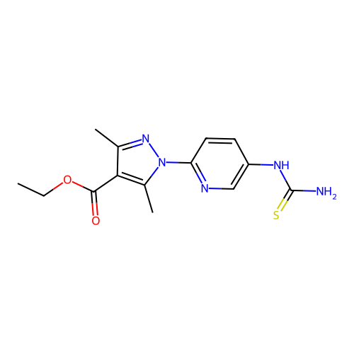 ethyl 1-{5-[(aminocarbothioyl)amino]-2-pyridinyl}-3,5-dimethyl-1H-pyrazole-4-carboxylate structure