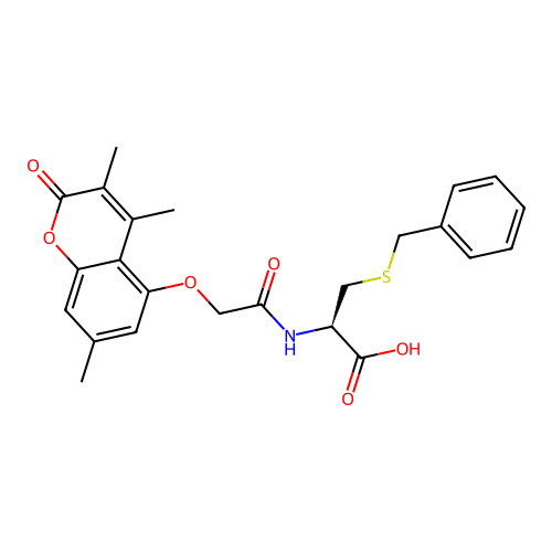 (R)-3-(benzylthio)-2-(2-((3,4,7-trimethyl-2-oxo-2H-chromen-5-yl)oxy)acetamido)propanoic acid structure