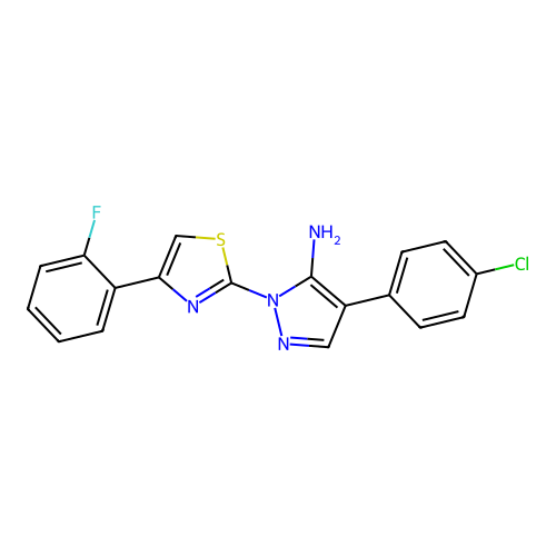 4-(4-chlorophenyl)-1-[4-(2-fluorophenyl)-1,3-thiazol-2-yl]-1H-pyrazol-5-amine structure
