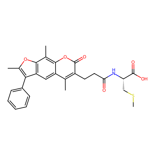 (R)-3-(methylthio)-2-(3-(2,5,9-trimethyl-7-oxo-3-phenyl-7H-furo[3,2-g]chromen-6-yl)propanamido)propanoic acid structure