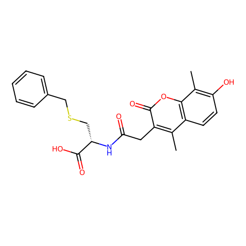 (R)-3-(benzylthio)-2-(2-(7-hydroxy-4,8-dimethyl-2-oxo-2H-chromen-3-yl)acetamido)propanoic acid structure