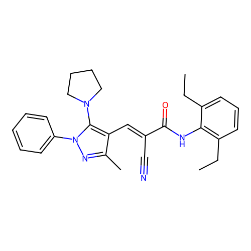(E)-2-cyano-N-(2,6-diethylphenyl)-3-(3-methyl-1-phenyl-5-pyrrolidin-1-ylpyrazol-4-yl)prop-2-enamide structure