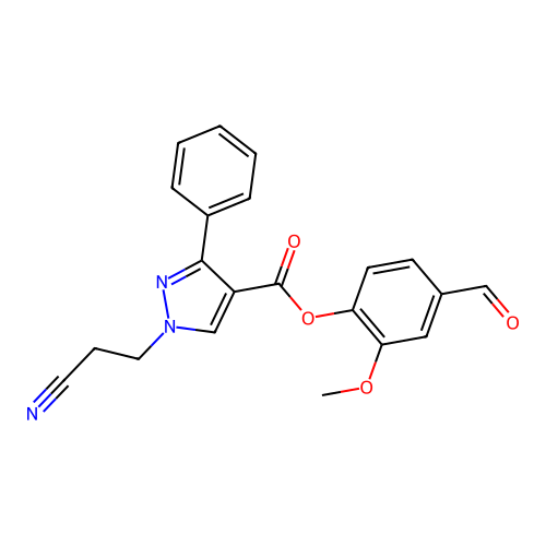 (4-Formyl-2-methoxyphenyl) 1-(2-cyanoethyl)-3-phenylpyrazole-4-carboxylate structure