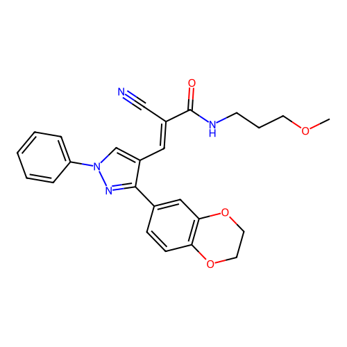 (E)-2-cyano-3-[3-(2,3-dihydro-1,4-benzodioxin-6-yl)-1-phenylpyrazol-4-yl]-N-(3-methoxypropyl)prop-2-enamide structure