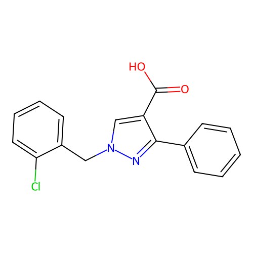 1-[(2-chlorophenyl)methyl]-3-phenyl-1H-pyrazole-4-carboxylic acid structure