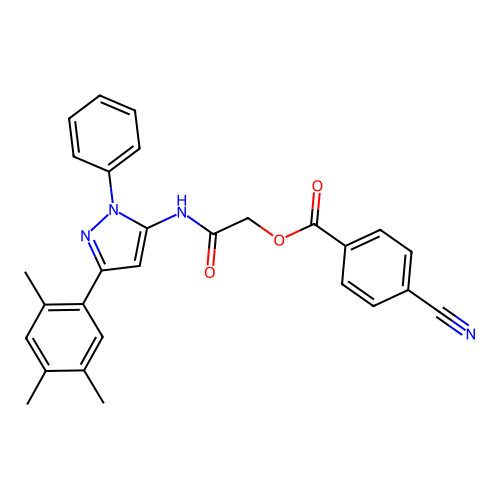 [2-oxo-2-[[2-phenyl-5-(2,4,5-trimethylphenyl)pyrazol-3-yl]amino]ethyl] 4-cyanobenzoate structure