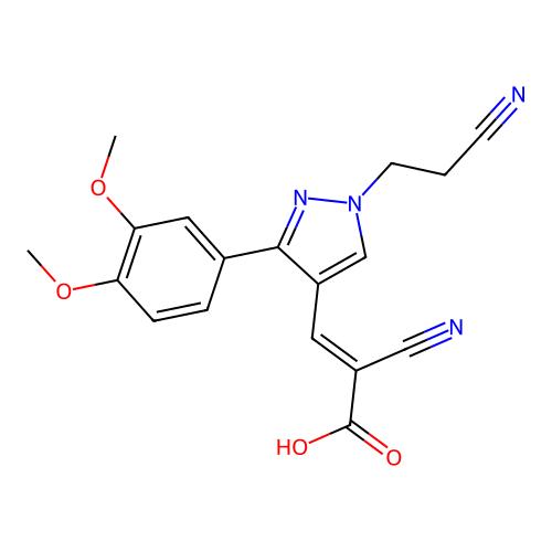 2-cyano-3-[1-(2-cyanoethyl)-3-(3,4-dimethoxyphenyl)-1H-pyrazol-4-yl]prop-2-enoic acid structure