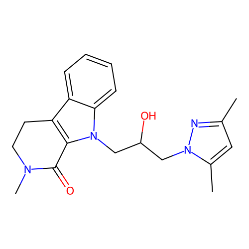 9-(3-(3,5-dimethyl-1H-pyrazol-1-yl)-2-hydroxypropyl)-2-methyl-2,3,4,9-tetrahydro-1H-pyrido[3,4-b]indol-1-one structure