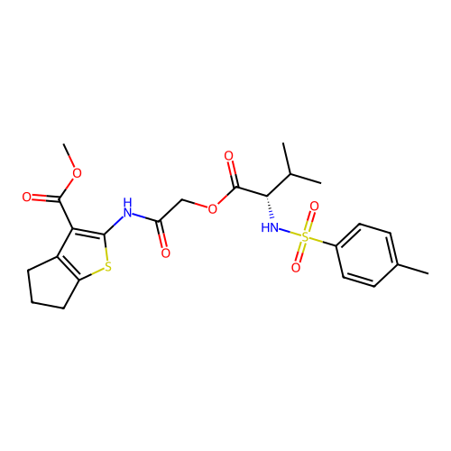 methyl 2-(2-{[(2S)-3-methyl-2-(4-methylbenzenesulfonamido)butanoyl]oxy}acetamido)-4H,5H,6H-cyclopenta[b]thiophene-3-carboxylate structure
