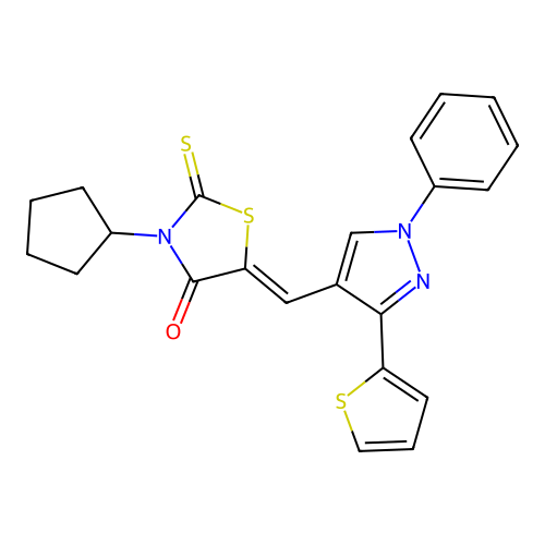 (Z)-3-cyclopentyl-5-((1-phenyl-3-(thiophen-2-yl)-1H-pyrazol-4-yl)methylene)-2-thioxothiazolidin-4-one structure