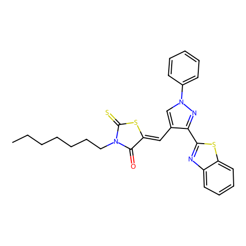 (Z)-5-((3-(benzo[d]thiazol-2-yl)-1-phenyl-1H-pyrazol-4-yl)methylene)-3-heptyl-2-thioxothiazolidin-4-one structure
