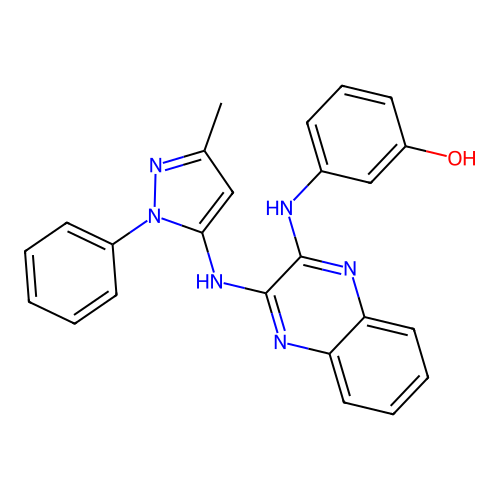 3-({3-[(3-methyl-1-phenyl-1H-pyrazol-5-yl)amino]quinoxalin-2-yl}amino)phenol structure