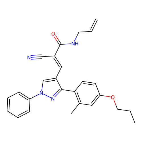 (2E)-2-cyano-3-[3-(2-methyl-4-propoxyphenyl)-1-phenyl-1H-pyrazol-4-yl]-N-(prop-2-en-1-yl)prop-2-enamide structure
