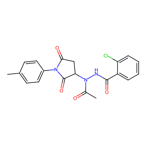 N'-acetyl-2-chloro-N'-[1-(4-methylphenyl)-2,5-dioxopyrrolidin-3-yl]benzohydrazide structure
