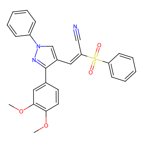(E)-2-(benzenesulfonyl)-3-[3-(3,4-dimethoxyphenyl)-1-phenylpyrazol-4-yl]prop-2-enenitrile structure