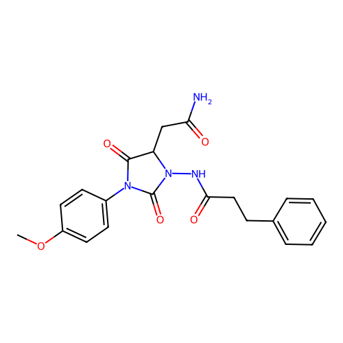 N-[5-(2-amino-2-oxoethyl)-3-(4-methoxyphenyl)-2,4-dioxoimidazolidin-1-yl]-3-phenylpropanamide structure