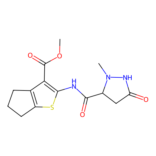 methyl 2-(2-methyl-5-oxopyrazolidine-3-carboxamido)-5,6-dihydro-4H-cyclopenta[b]thiophene-3-carboxylate structure