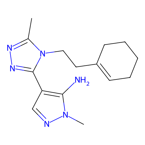 4-{4-[2-(1-cyclohexenyl)ethyl]-5-methyl-4H-1,2,4-triazol-3-yl}-1-methyl-1H-pyrazol-5-amine structure