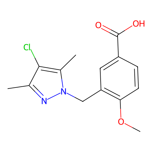 3-[(4-chloro-3,5-dimethyl-1H-pyrazol-1-yl)methyl]-4-methoxybenzoic acid structure