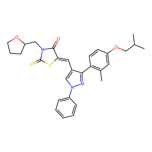 (5Z)-5-({3-[2-methyl-4-(2-methylpropoxy)phenyl]-1-phenyl-1H-pyrazol-4-yl}methylidene)-3-(tetrahydrofuran-2-ylmethyl)-2-thioxo-1,3-thiazolidin-4-one structure