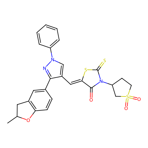 (Z)-3-(1,1-dioxidotetrahydrothiophen-3-yl)-5-((3-(2-methyl-2,3-dihydrobenzofuran-5-yl)-1-phenyl-1H-pyrazol-4-yl)methylene)-2-thioxothiazolidin-4-one structure