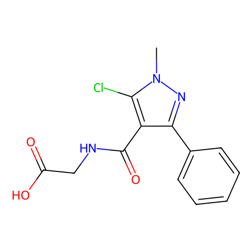 2-{[(5-chloro-1-methyl-3-phenyl-1H-pyrazol-4-yl)carbonyl]amino}acetic acid structure