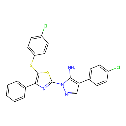 4-(4-chlorophenyl)-1-{5-[(4-chlorophenyl)sulfanyl]-4-phenyl-1,3-thiazol-2-yl}-1H-pyrazol-5-amine structure