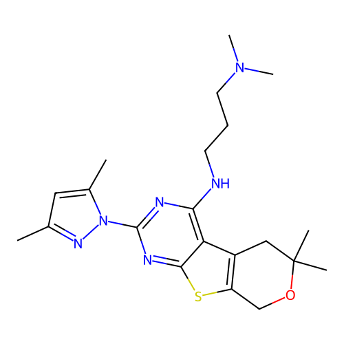 N'-[2-(3,5-dimethyl-1H-pyrazol-1-yl)-6,6-dimethyl-5,8-dihydro-6H-pyrano[4',3':4,5]thieno[2,3-d]pyrimidin-4-yl]-N,N-dimethylpropane-1,3-diamine structure