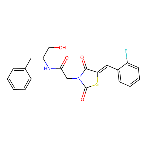 (R,Z)-2-(5-(2-fluorobenzylidene)-2,4-dioxothiazolidin-3-yl)-N-(1-hydroxy-3-phenylpropan-2-yl)acetamide structure