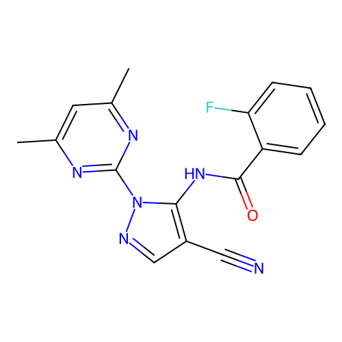 N-(4-cyano-1-(4,6-dimethylpyrimidin-2-yl)-1H-pyrazol-5-yl)-2-fluorobenzamide structure