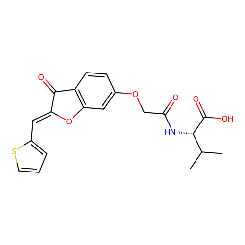 (2S)-3-methyl-2-[[2-[[(2Z)-3-oxo-2-(thiophen-2-ylmethylidene)-1-benzofuran-6-yl]oxy]acetyl]amino]butanoic acid structure