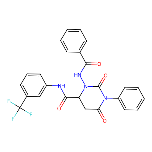 2,6-dioxo-1-phenyl-3-[(phenylcarbonyl)amino]-N-[3-(trifluoromethyl)phenyl]hexahydropyrimidine-4-carboxamide structure