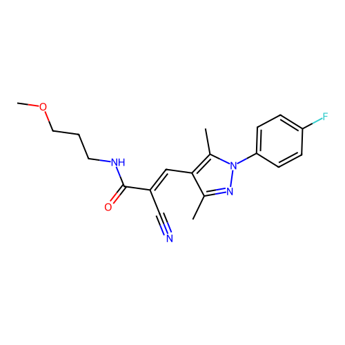 (E)-2-cyano-3-[1-(4-fluorophenyl)-3,5-dimethylpyrazol-4-yl]-N-(3-methoxypropyl)prop-2-enamide structure