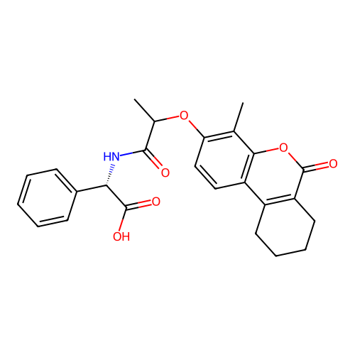 (2S)-2-(2-((4-methyl-6-oxo-7,8,9,10-tetrahydro-6H-benzo[c]chromen-3-yl)oxy)propanamido)-2-phenylacetic acid structure