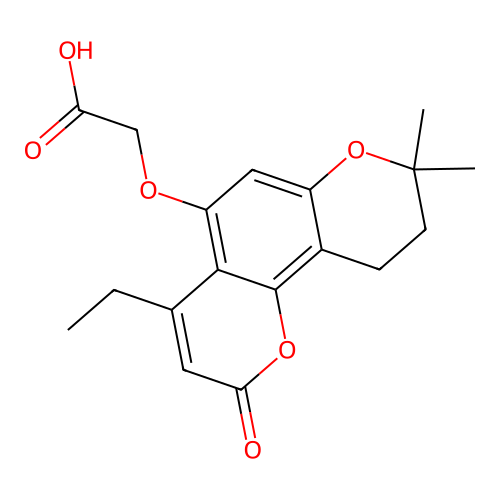 2-({4-ethyl-8,8-dimethyl-2-oxo-2H,8H,9H,10H-pyrano[2,3-h]chromen-5-yl}oxy)acetic acid structure
