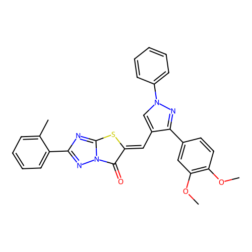 (5Z)-5-{[3-(3,4-dimethoxyphenyl)-1-phenyl-1H-pyrazol-4-yl]methylene}-2-(2-methylphenyl)[1,3]thiazolo[3,2-b][1,2,4]triazol-6(5H)-one structure