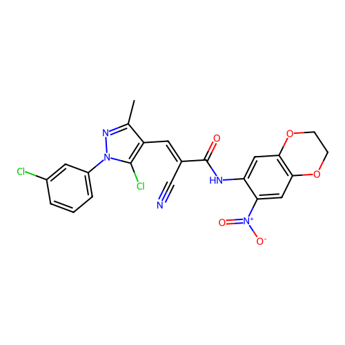 (E)-3-[5-chloro-1-(3-chlorophenyl)-3-methylpyrazol-4-yl]-2-cyano-N-(6-nitro-2,3-dihydro-1,4-benzodioxin-7-yl)prop-2-enamide structure