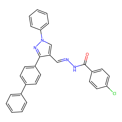 4-chloro-N-[[1-phenyl-3-(4-phenylphenyl)pyrazol-4-yl]methylideneamino]benzamide structure